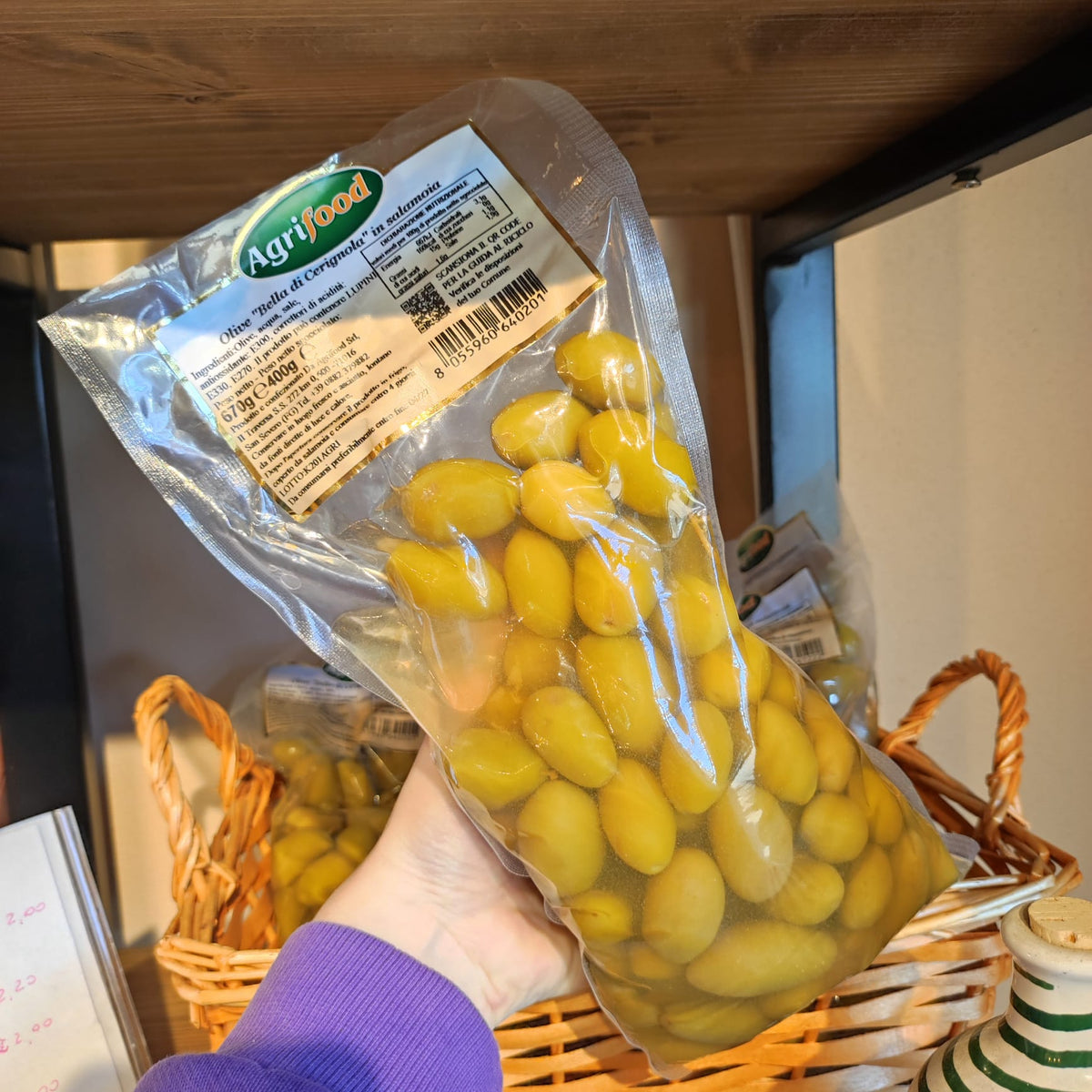 Confezione di olive verdi Bella di Cerignola in salamoia Agrifood da 400 g.